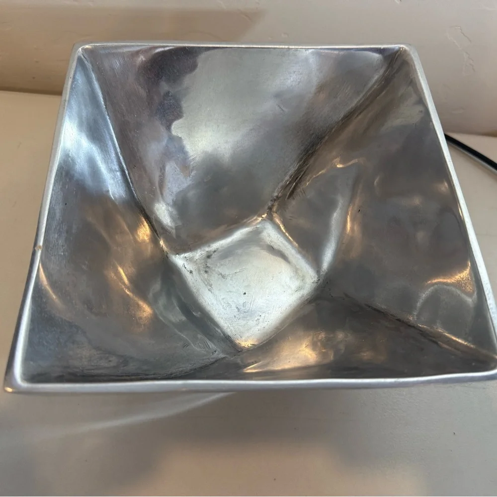 Vintage Large Square Pewter Metal Bowl Fruit‎ Basket Diamond Twist Art Decor